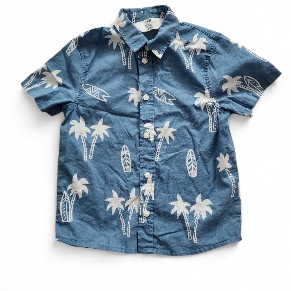 H&M Boys Tropical Palm Tree & Surfboard Button Down Shirt - Size 4T